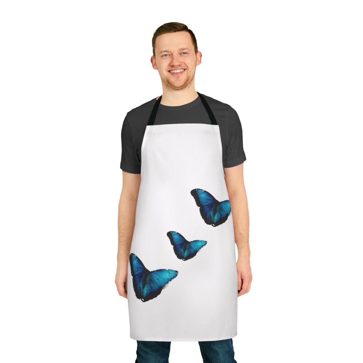 Apron featuring a vivid blue morpho butterfly design