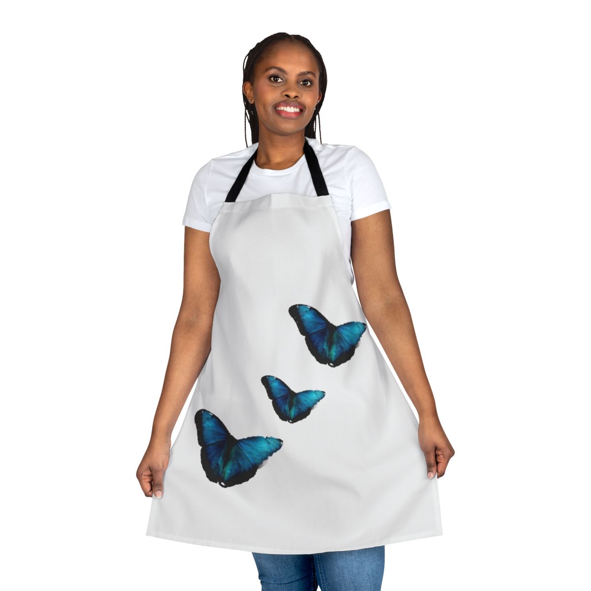 Apron featuring a vivid blue morpho butterfly design
