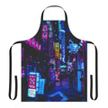 Apron featuring a vibrant, futuristic cityscape with neon lights and alleyways in shades of blue and pink.