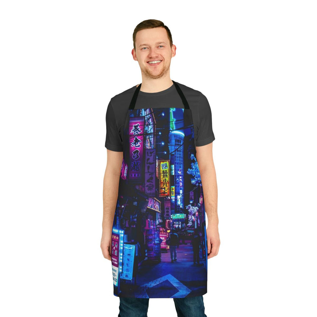Apron featuring a vibrant, futuristic cityscape with neon lights and alleyways in shades of blue and pink.