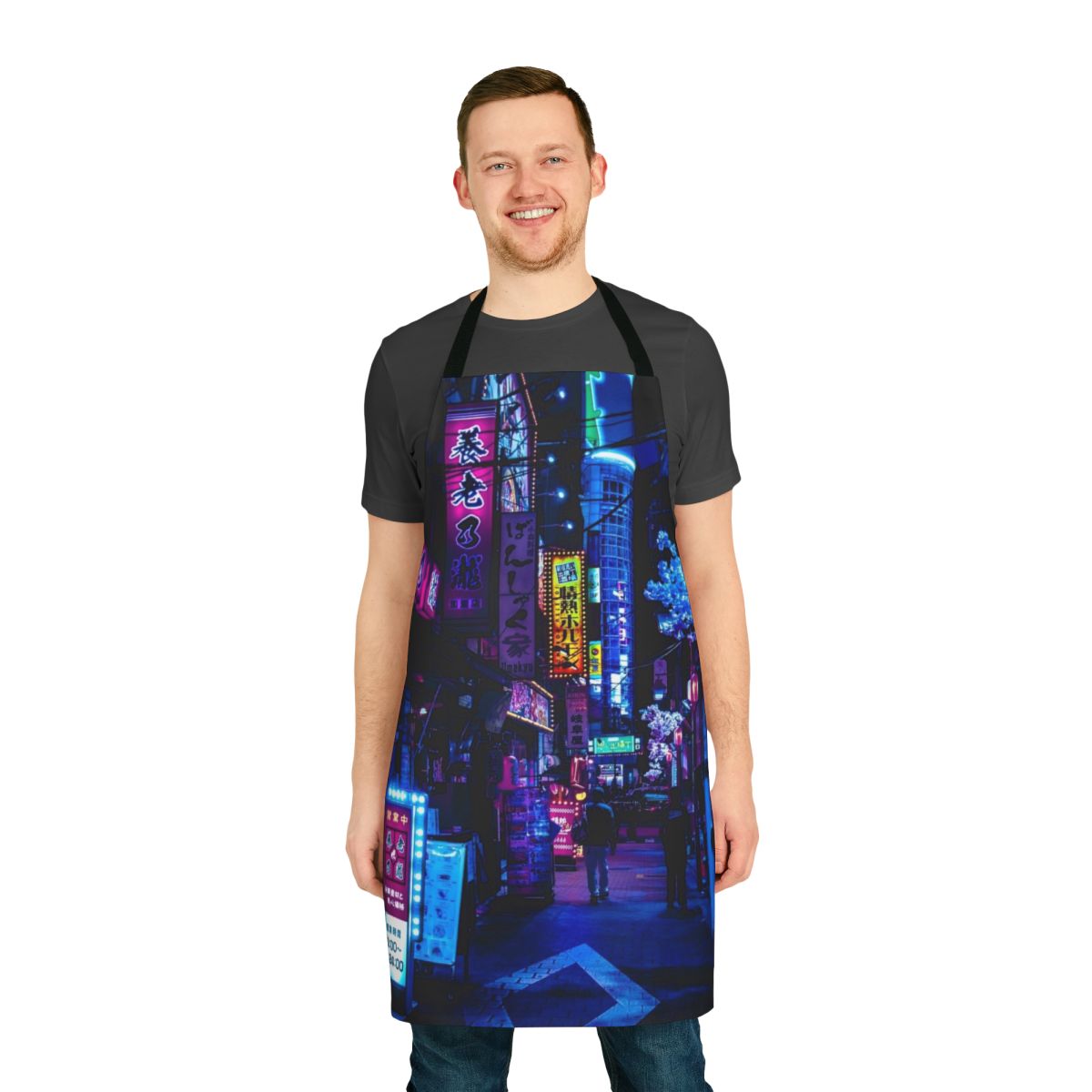 Apron featuring a vibrant, futuristic cityscape with neon lights and alleyways in shades of blue and pink.