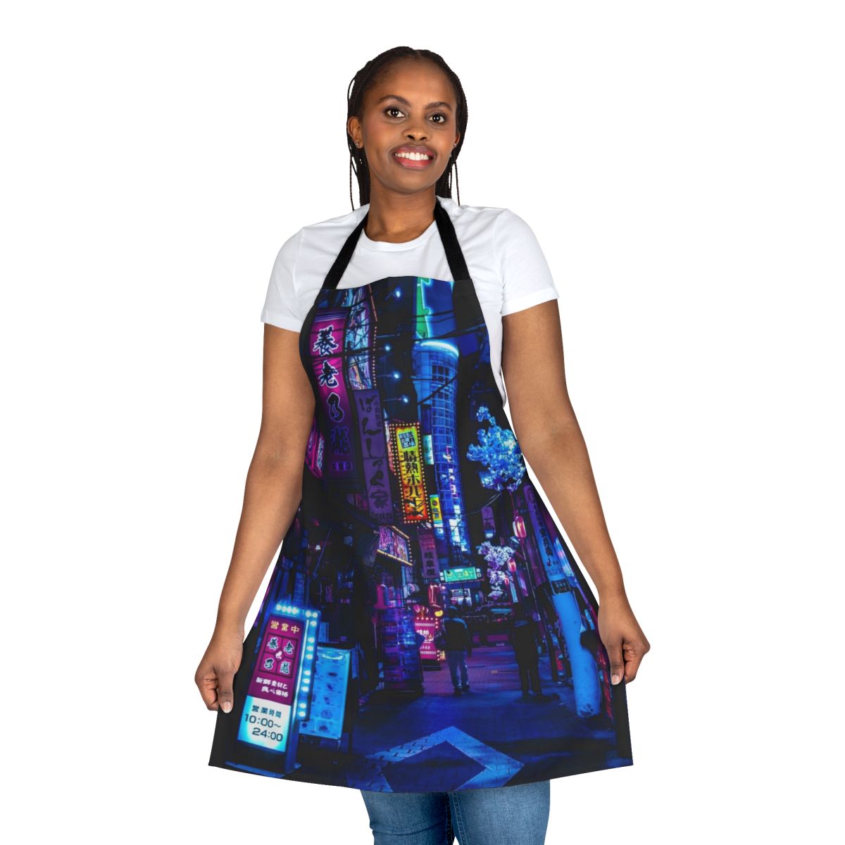 Apron featuring a vibrant, futuristic cityscape with neon lights and alleyways in shades of blue and pink.