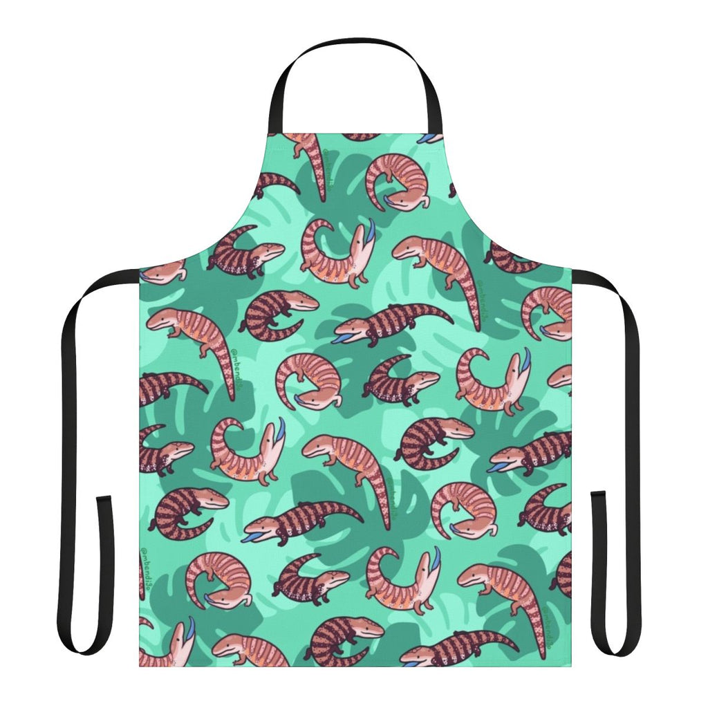 A stylish and durable apron featuring a delightful blue tongue skink design with vibrant repeating patterns.