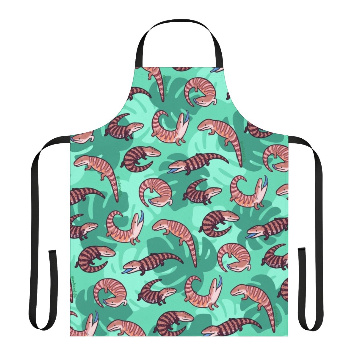 A stylish and durable apron featuring a delightful blue tongue skink design with vibrant repeating patterns.