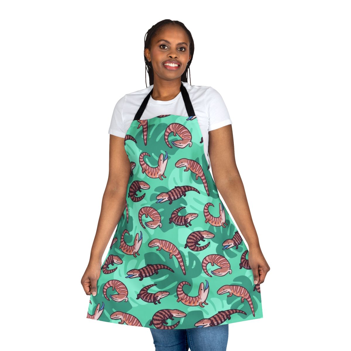A stylish and durable apron featuring a delightful blue tongue skink design with vibrant repeating patterns.