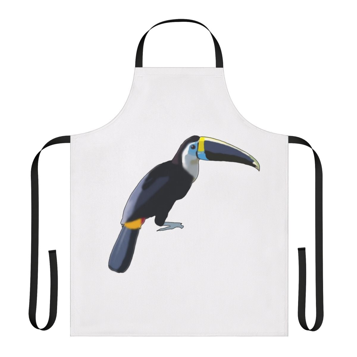 Blue toucan bird printed on a white apron