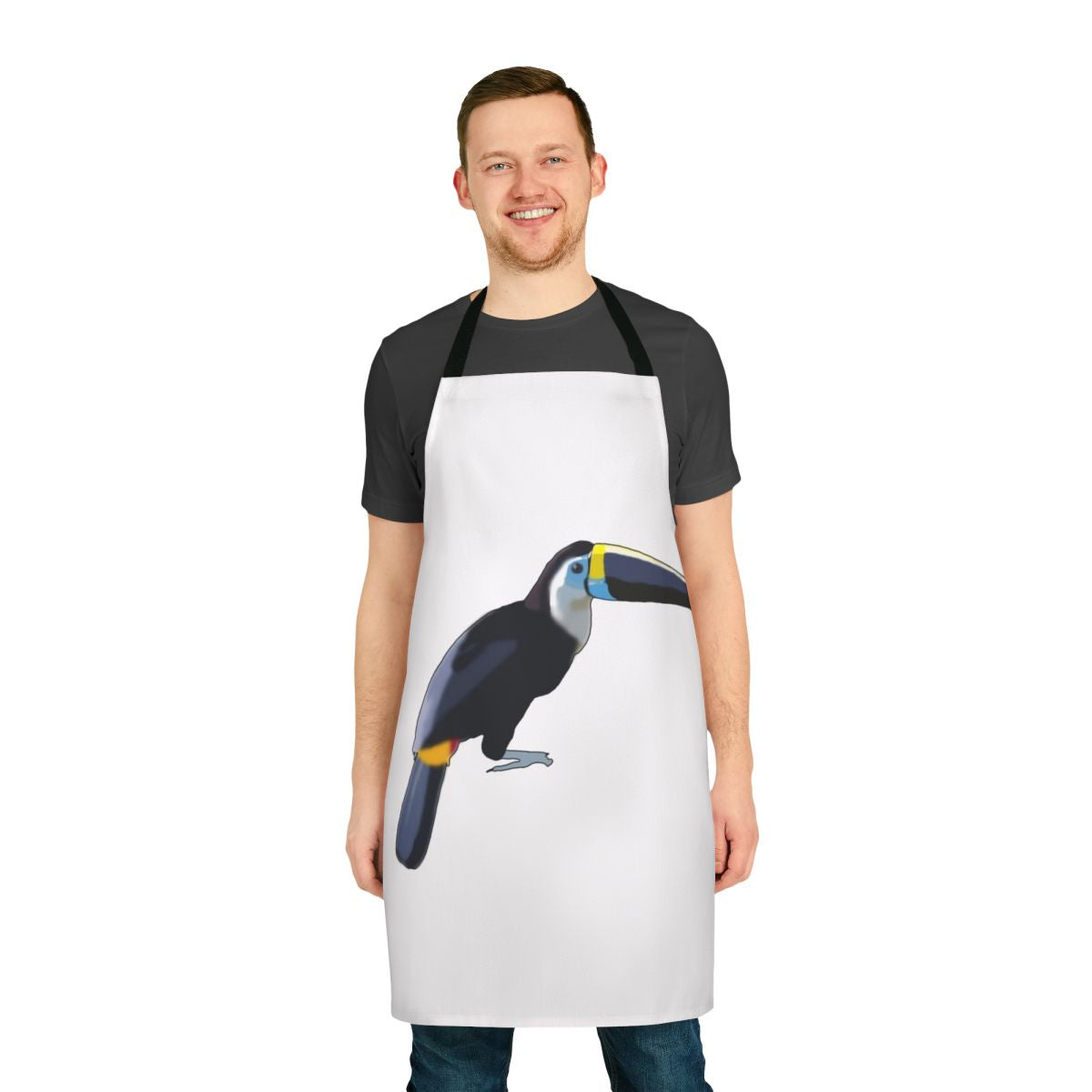 Blue toucan bird printed on a white apron