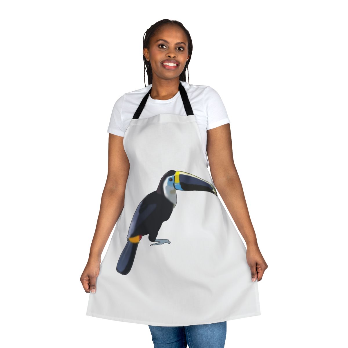 Blue toucan bird printed on a white apron