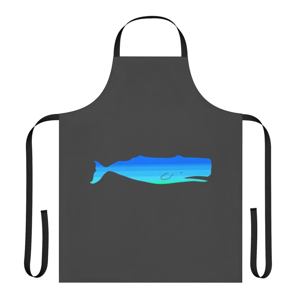 Illustration of a blue whale, a legendary sea creature, featured on a vibrant, colorful apron design.