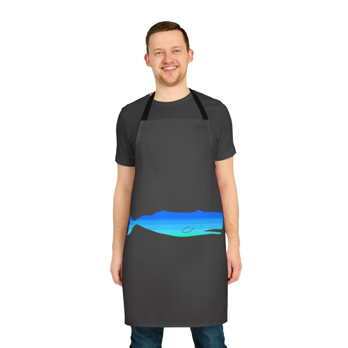 Illustration of a blue whale, a legendary sea creature, featured on a vibrant, colorful apron design.