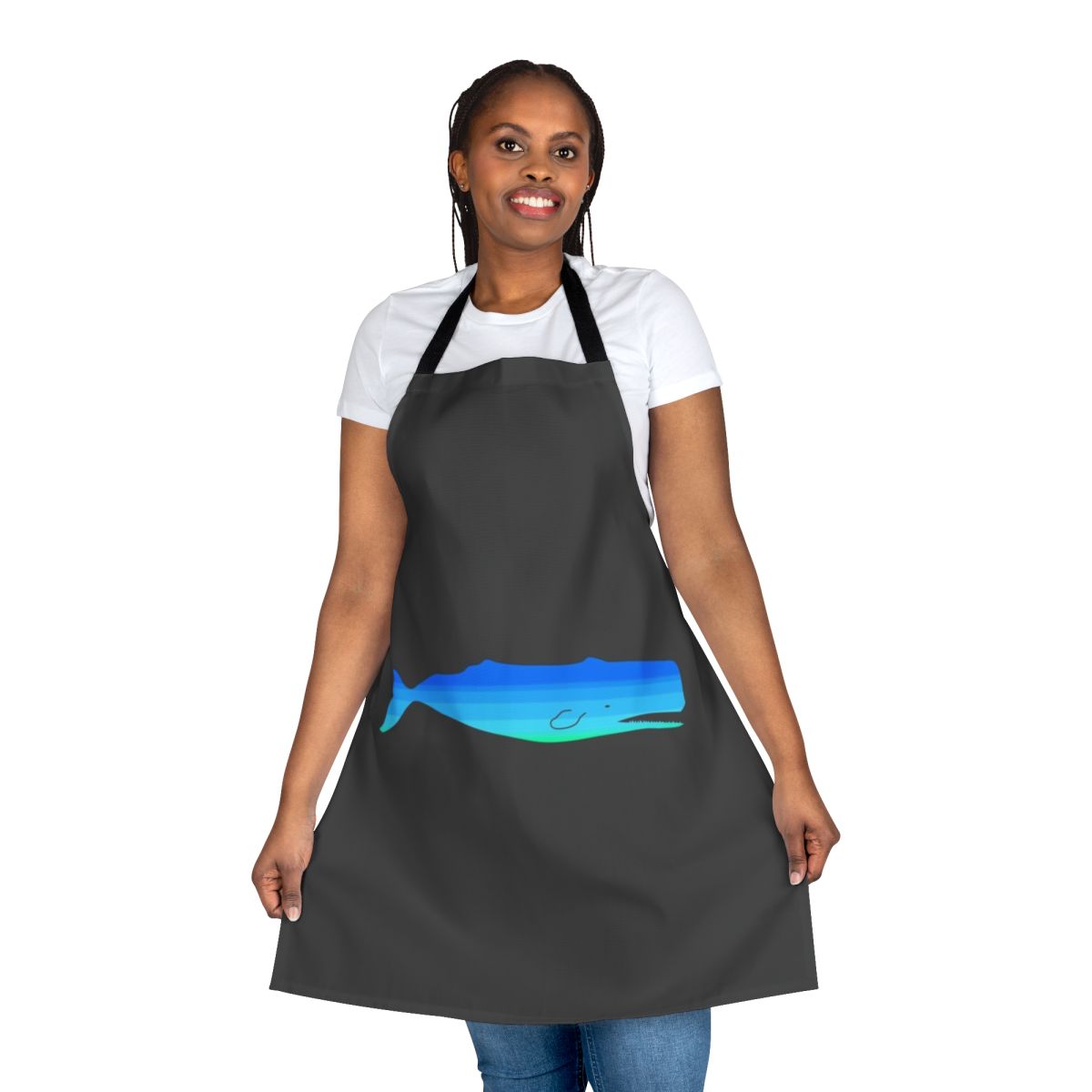 Illustration of a blue whale, a legendary sea creature, featured on a vibrant, colorful apron design.