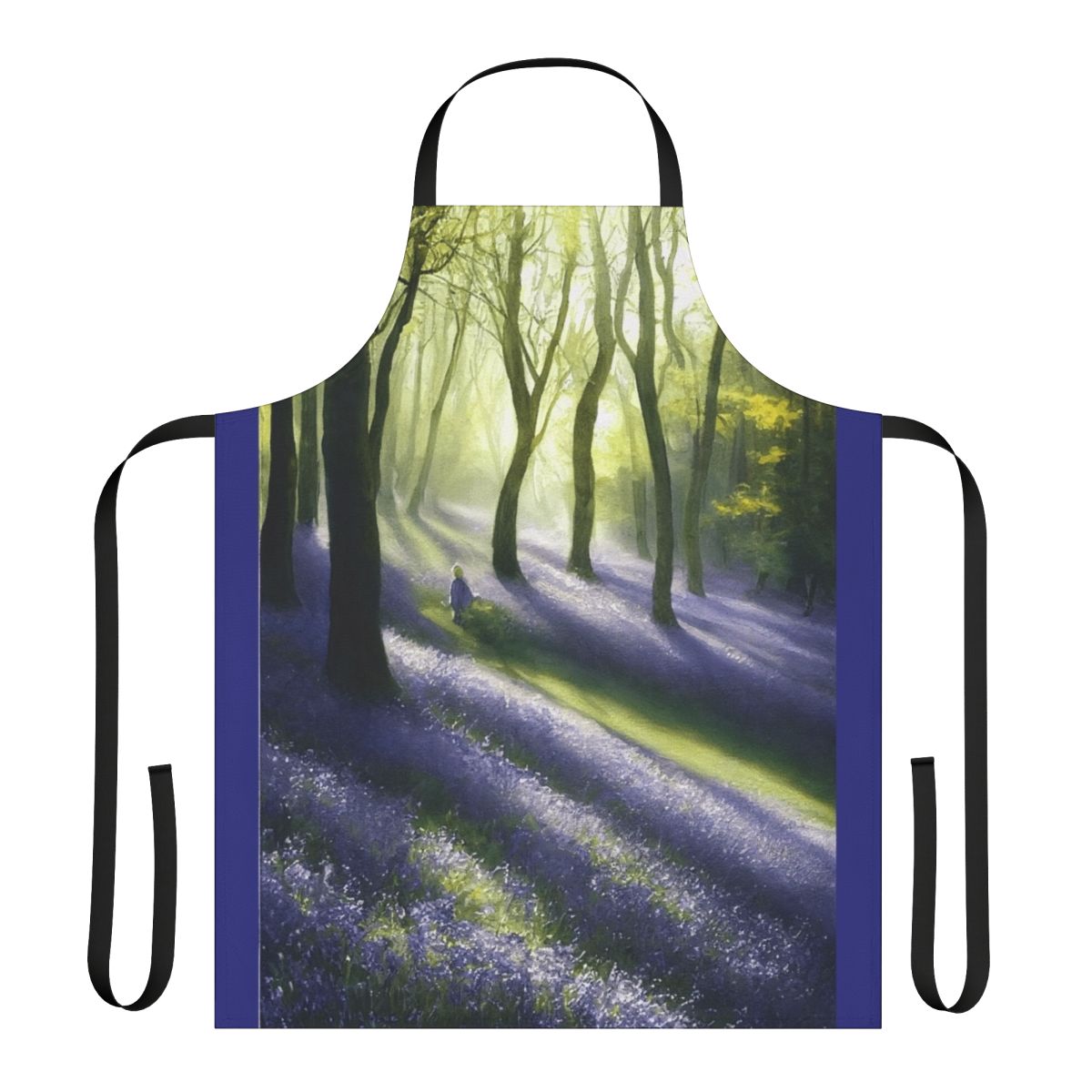 Watercolor painting of bluebells in an English landscape, featured on a high-quality apron.