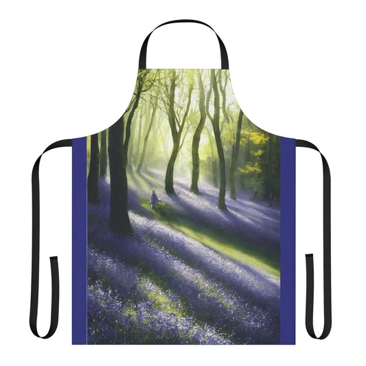 Watercolor painting of bluebells in an English landscape, featured on a high-quality apron.