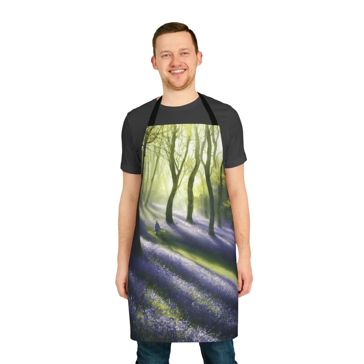 Watercolor painting of bluebells in an English landscape, featured on a high-quality apron.