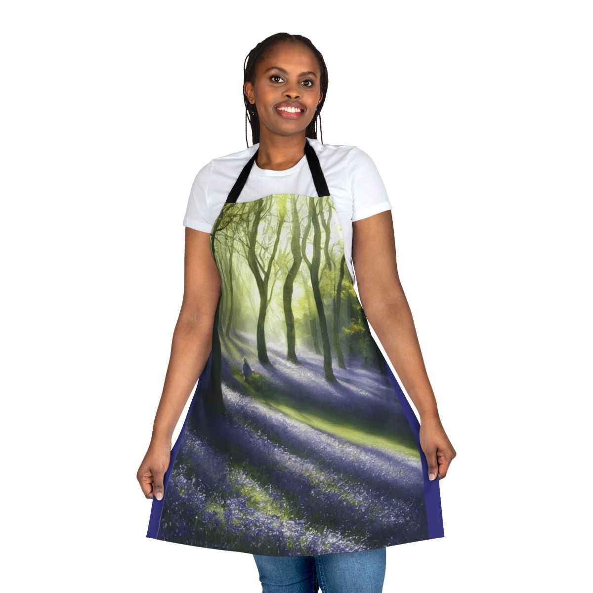 Watercolor painting of bluebells in an English landscape, featured on a high-quality apron.