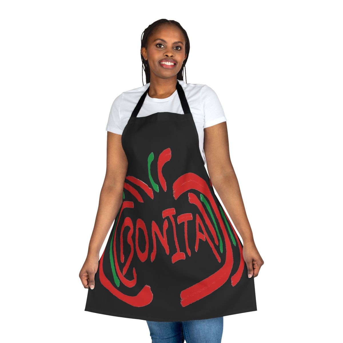Colorful apron featuring a stylized Bonita apple design, perfect for fans of classic 90s hip hop and rap music.