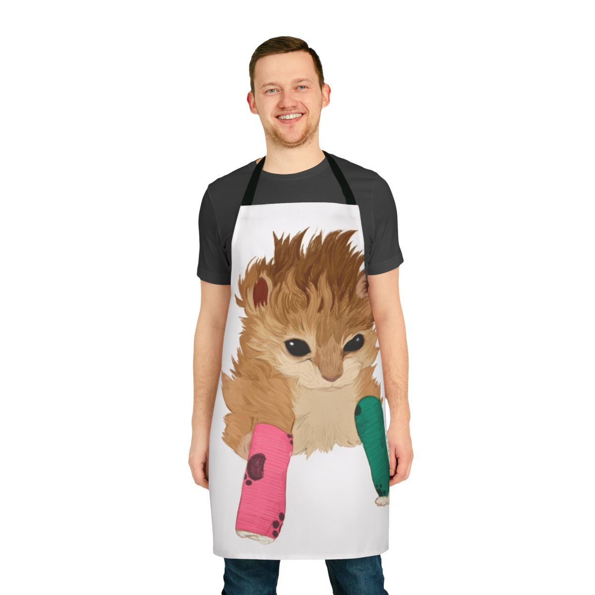 Colorful apron with tater tot and bonkers design, perfect for kitty owners