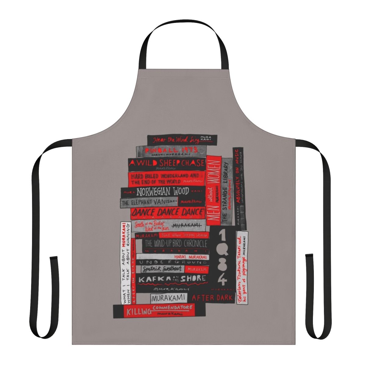 Colorful apron featuring a stack of books, representing the literary works of renowned author Haruki Murakami.