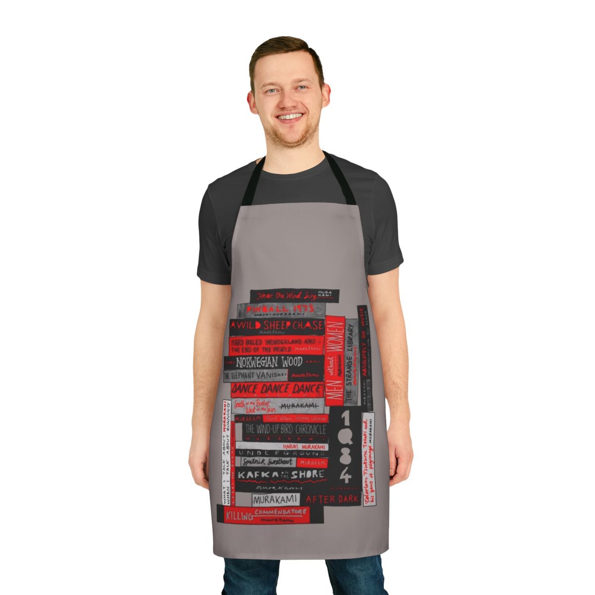Colorful apron featuring a stack of books, representing the literary works of renowned author Haruki Murakami.