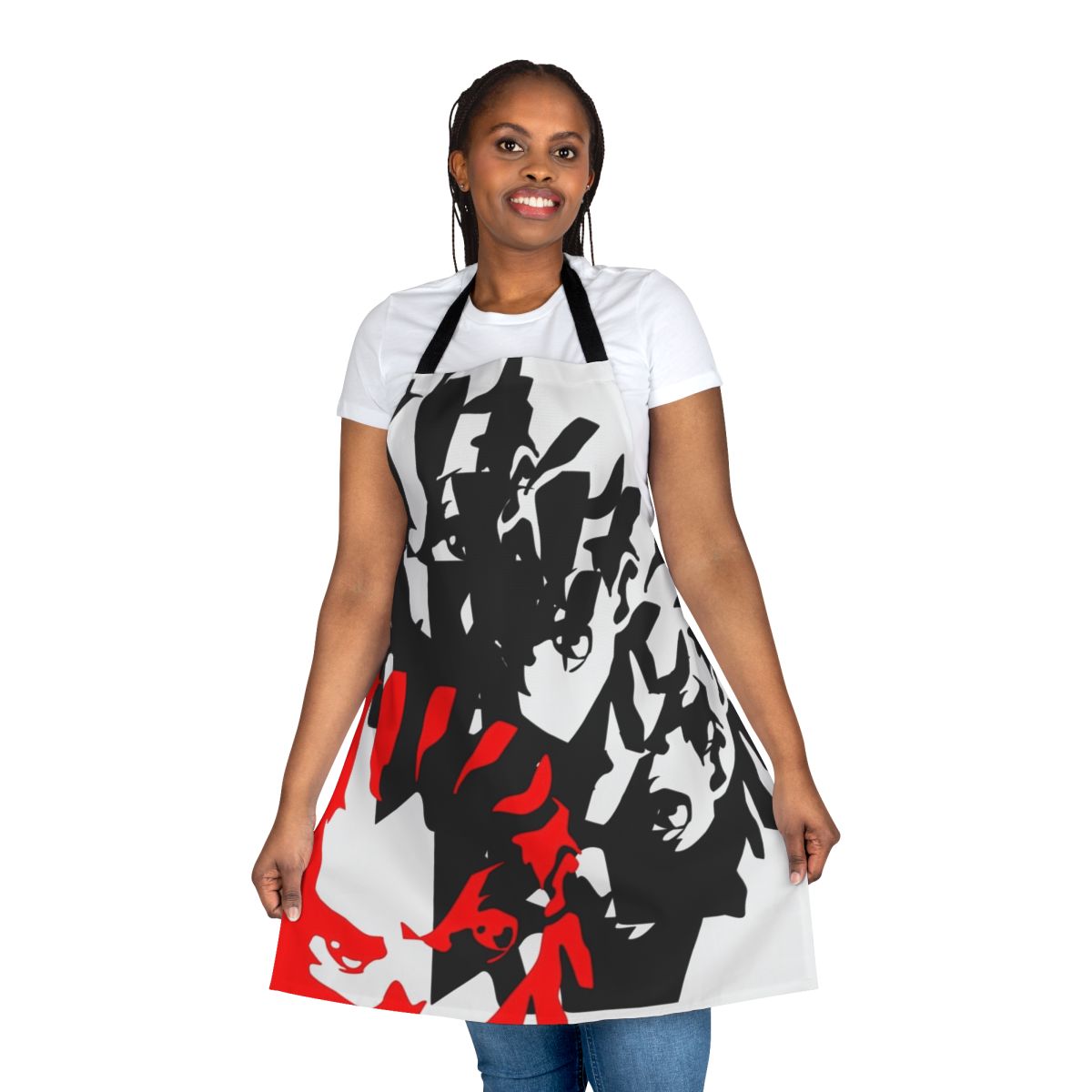 A colorful apron featuring characters and imagery from the popular TV series "The Boondocks"