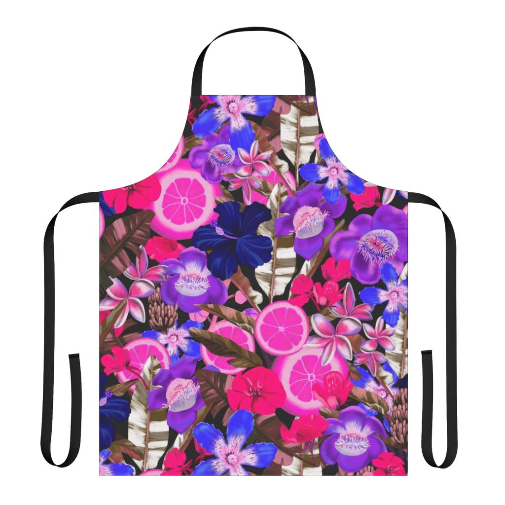 Colorful botanical and floral pattern apron with tropical leaves, fruits, and flowers