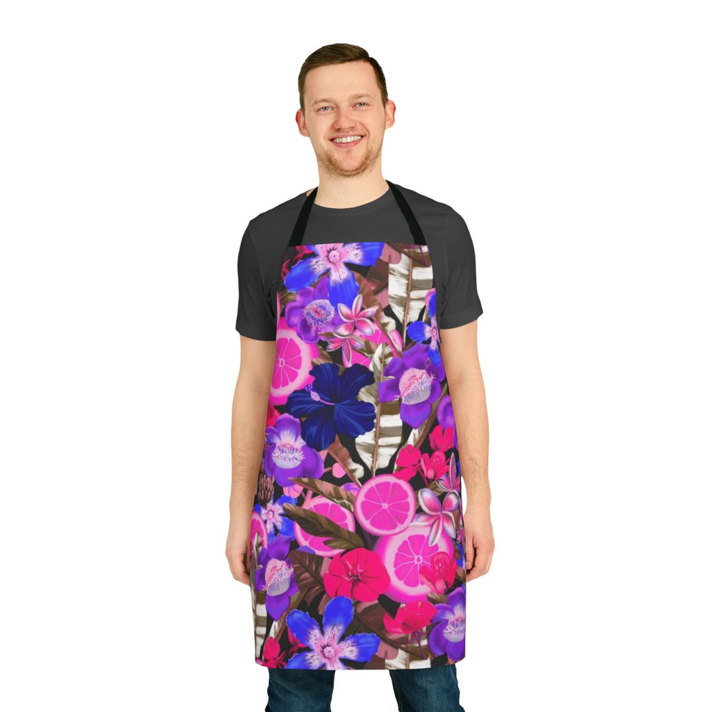 Colorful botanical and floral pattern apron with tropical leaves, fruits, and flowers