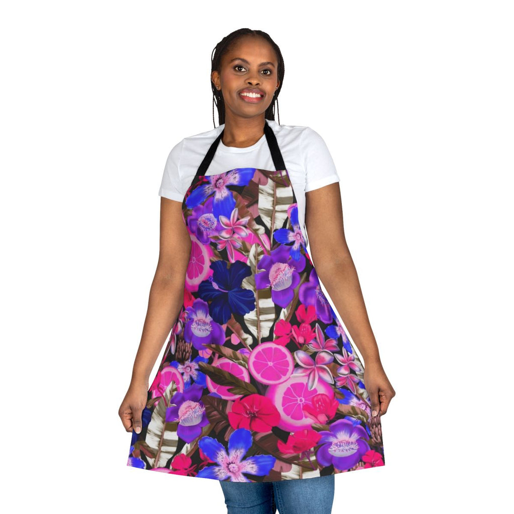 Colorful botanical and floral pattern apron with tropical leaves, fruits, and flowers