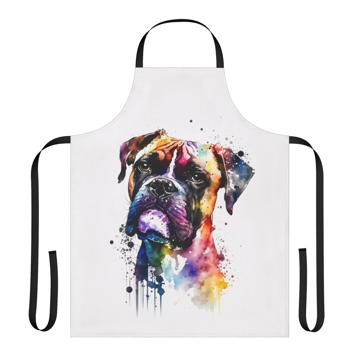 Colorful watercolor painting of a smiling boxer dog in a rainbow-themed apron