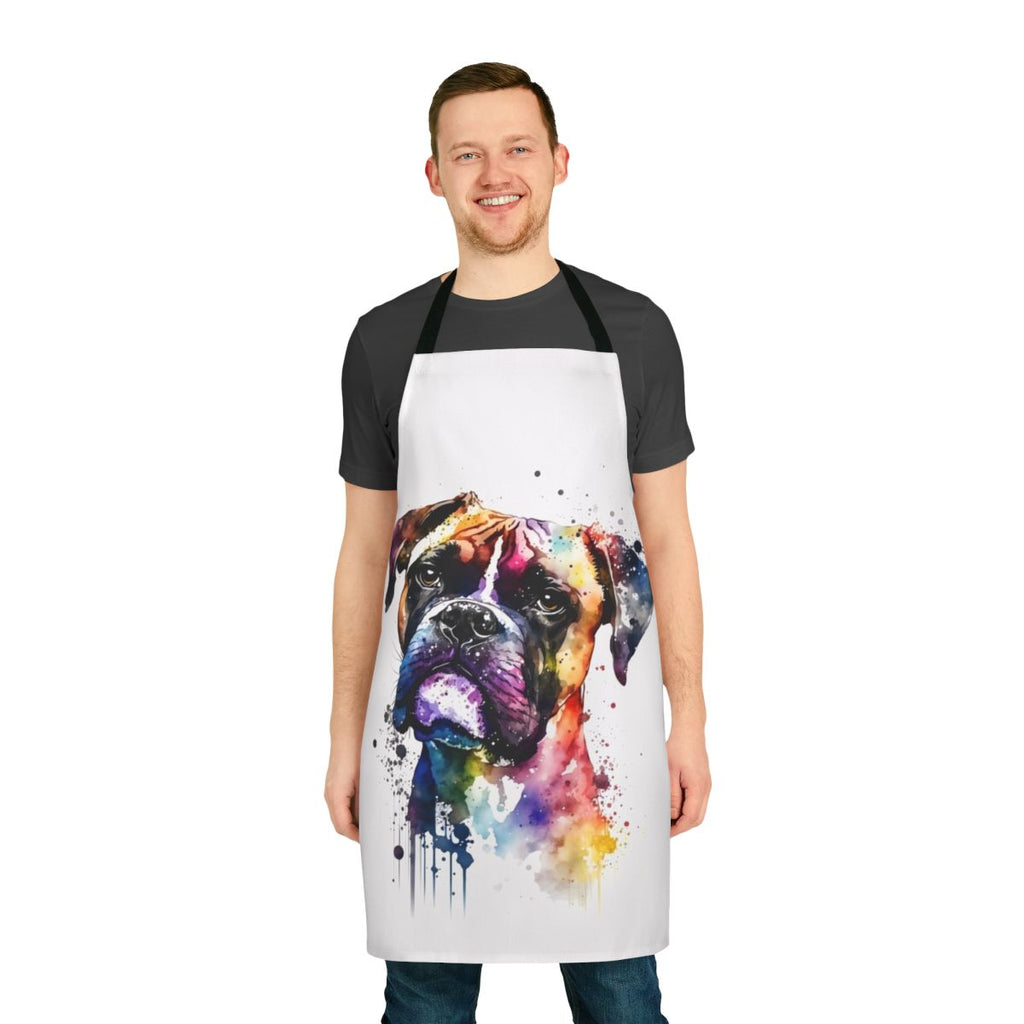 Colorful watercolor painting of a smiling boxer dog in a rainbow-themed apron