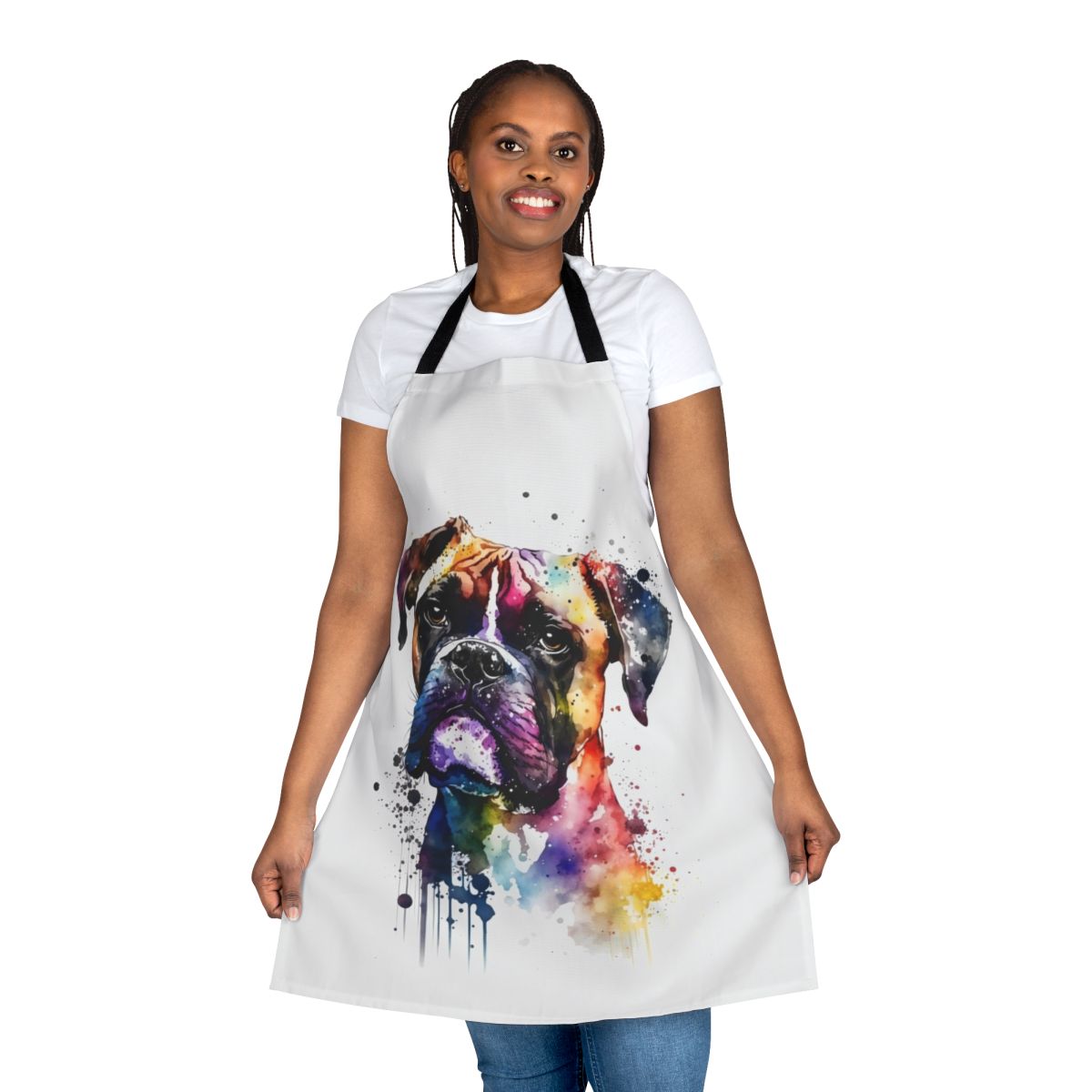 Colorful watercolor painting of a smiling boxer dog in a rainbow-themed apron