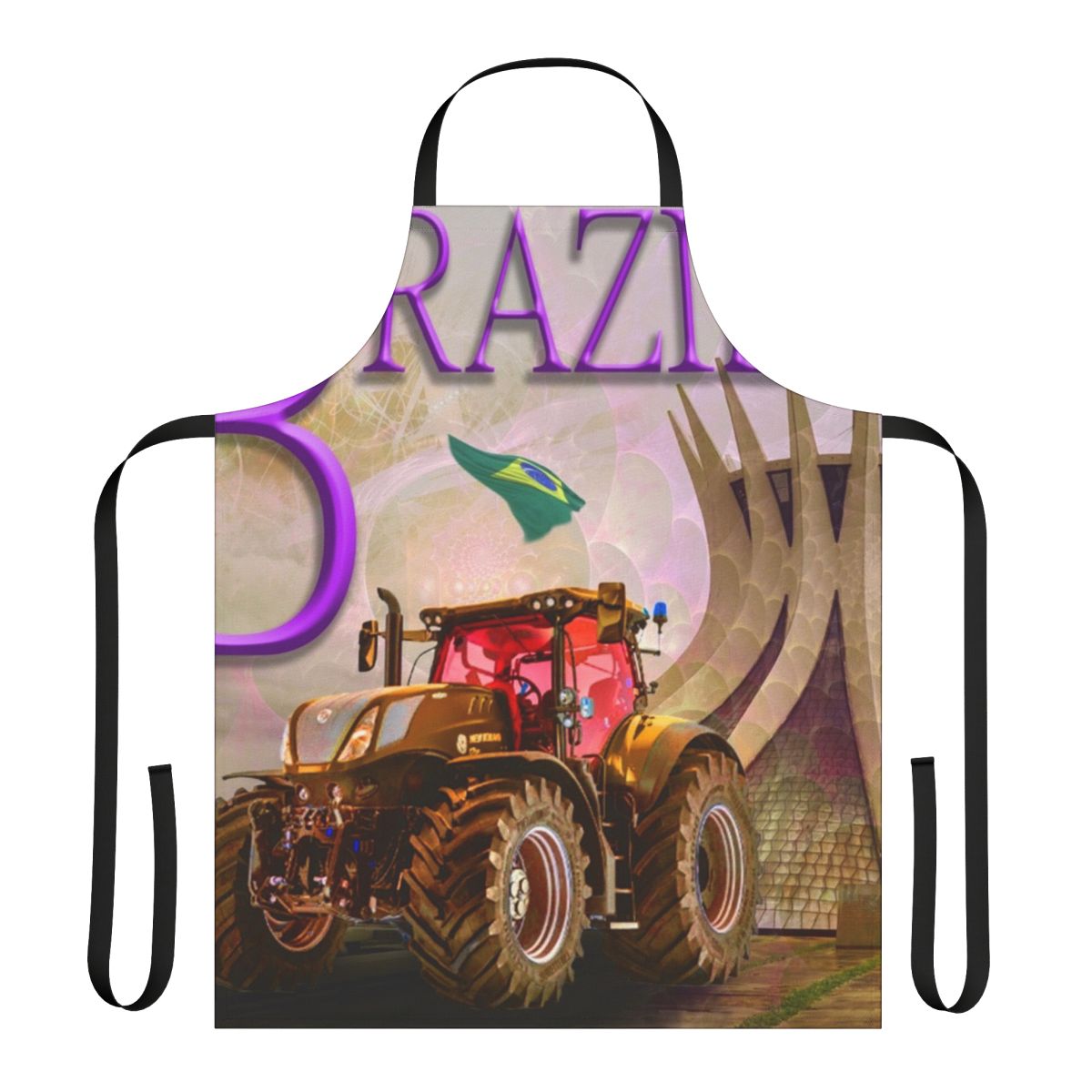 Colorful apron featuring a stylized Brazilian tractor design
