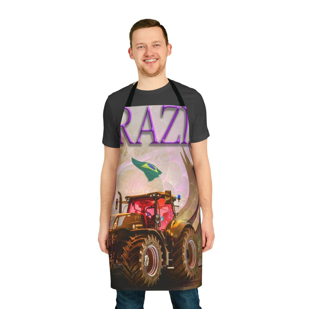 Colorful apron featuring a stylized Brazilian tractor design