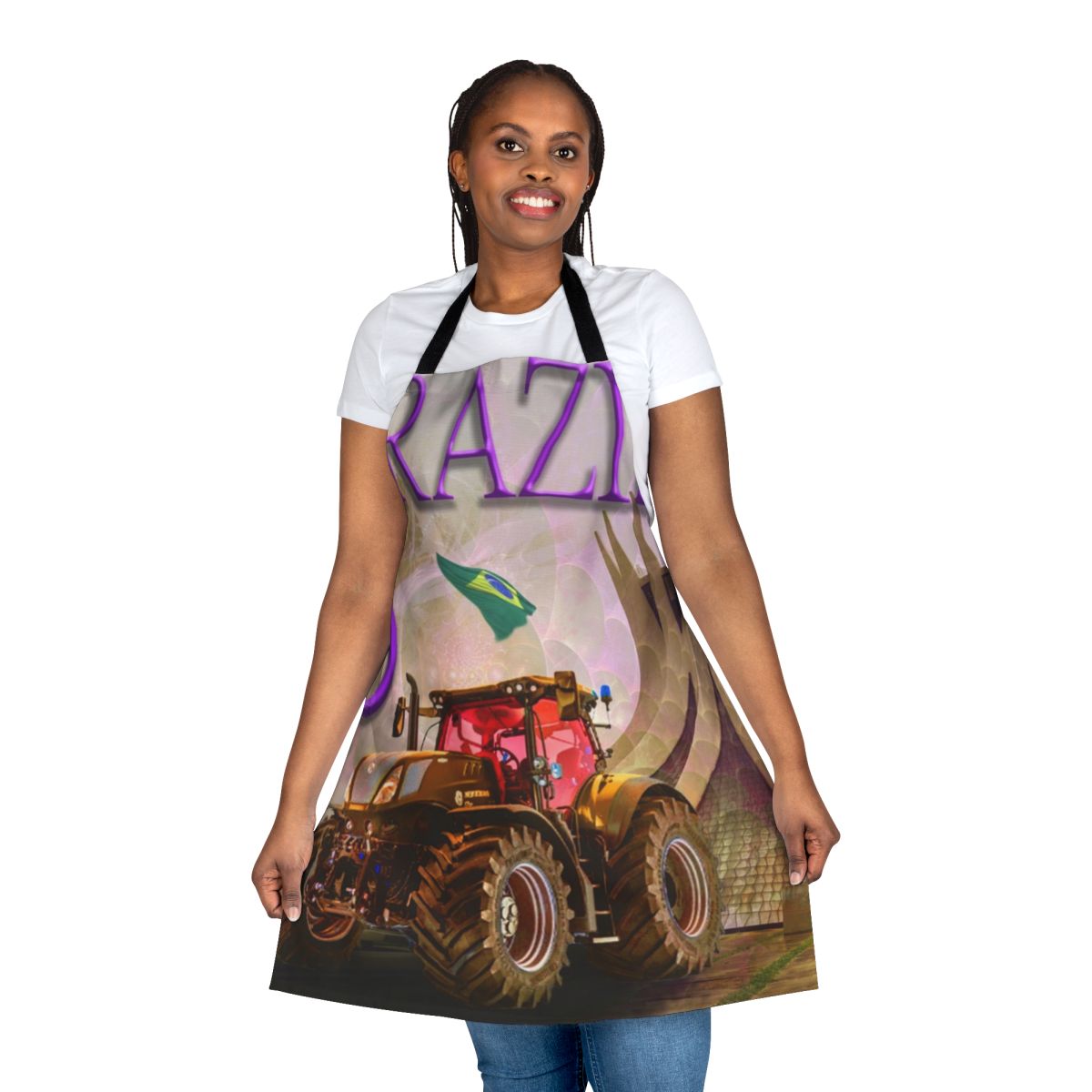 Colorful apron featuring a stylized Brazilian tractor design