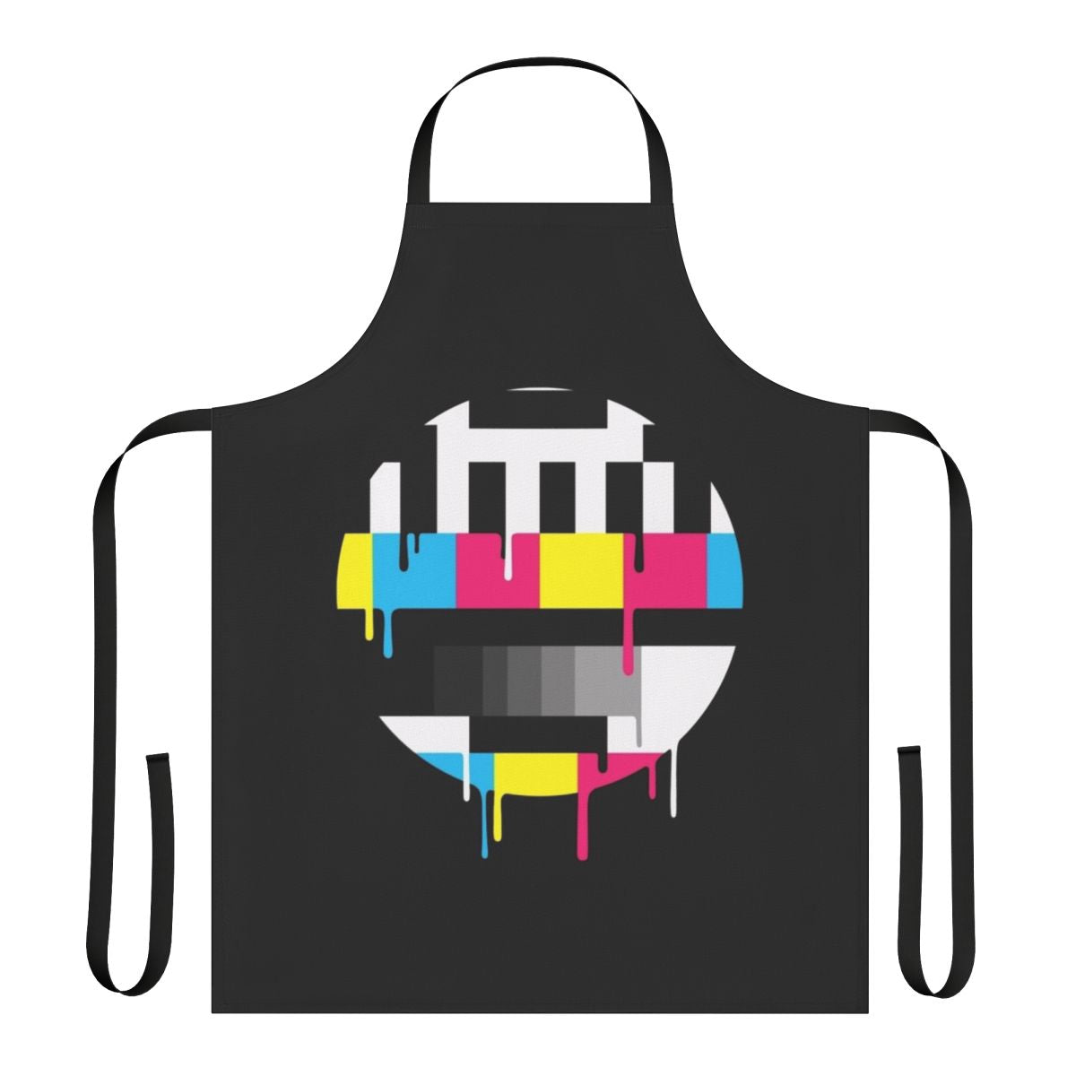 A colorful apron featuring a classic broadcast test pattern design, perfect for TV and pop culture fans.