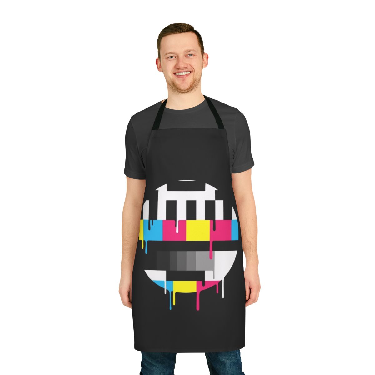 A colorful apron featuring a classic broadcast test pattern design, perfect for TV and pop culture fans.