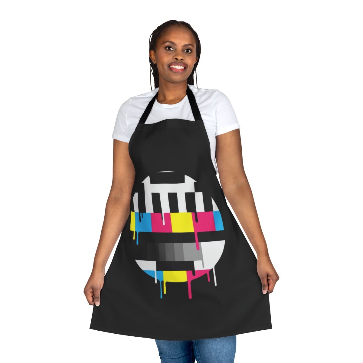 A colorful apron featuring a classic broadcast test pattern design, perfect for TV and pop culture fans.