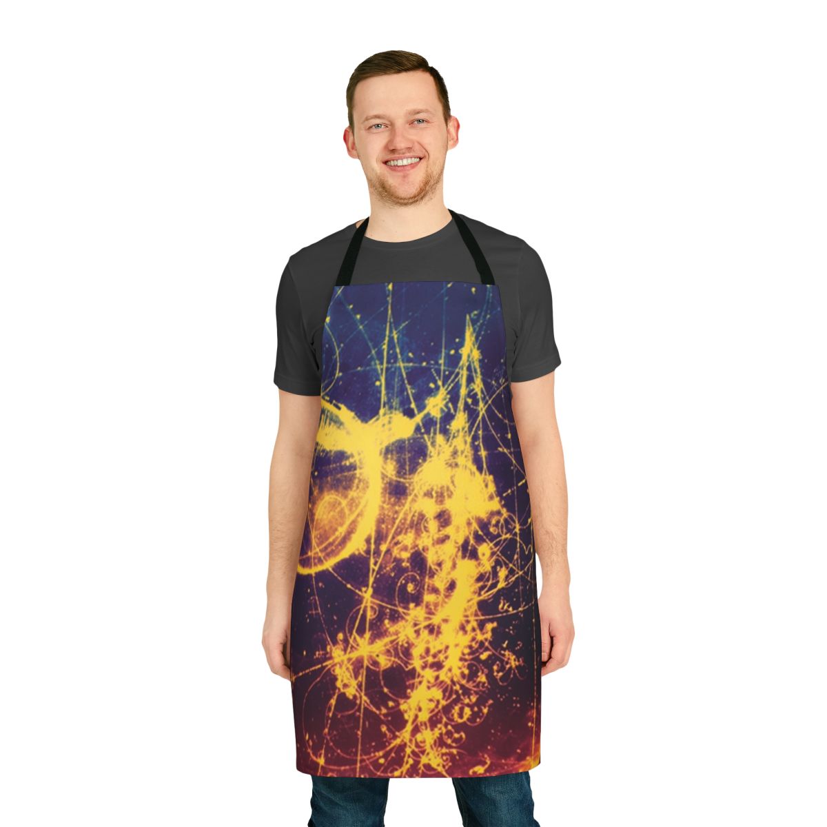 Colorful abstract bubble chamber design on a high-quality apron for the science-minded