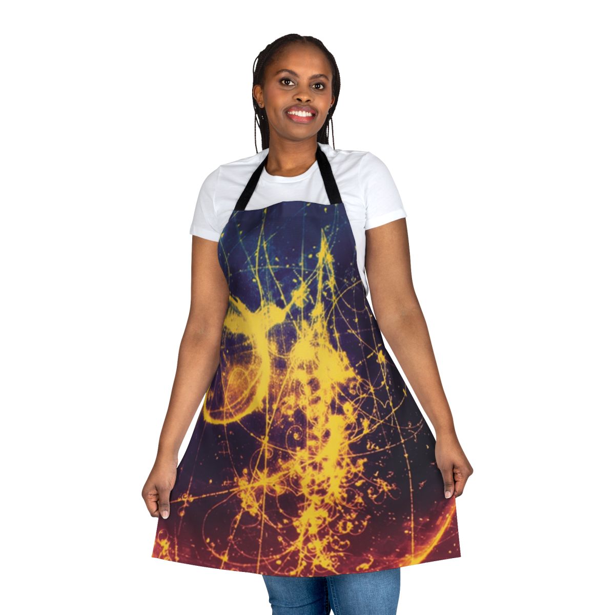 Colorful abstract bubble chamber design on a high-quality apron for the science-minded
