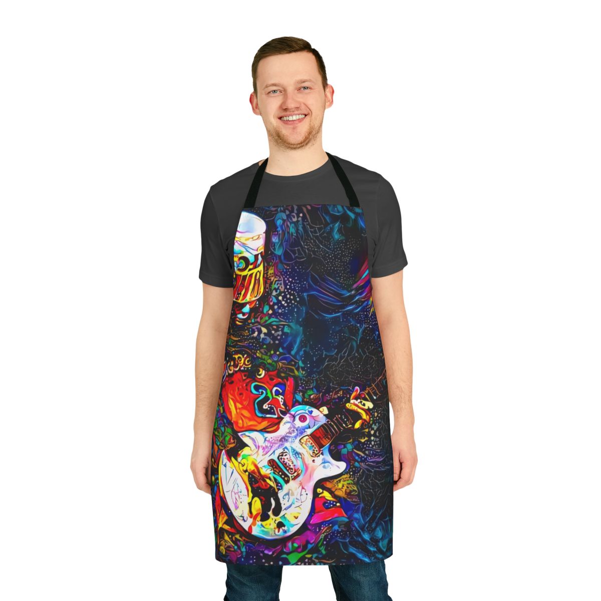 Colorful apron featuring the iconic Buckethead character, a renowned progressive metal guitarist.