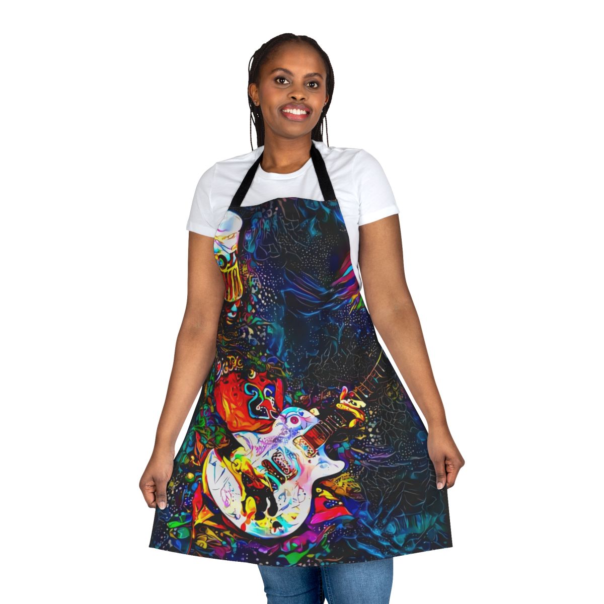 Colorful apron featuring the iconic Buckethead character, a renowned progressive metal guitarist.