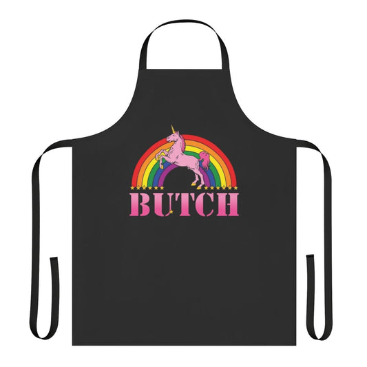 Colorful butch pride apron featuring a rainbow unicorn design