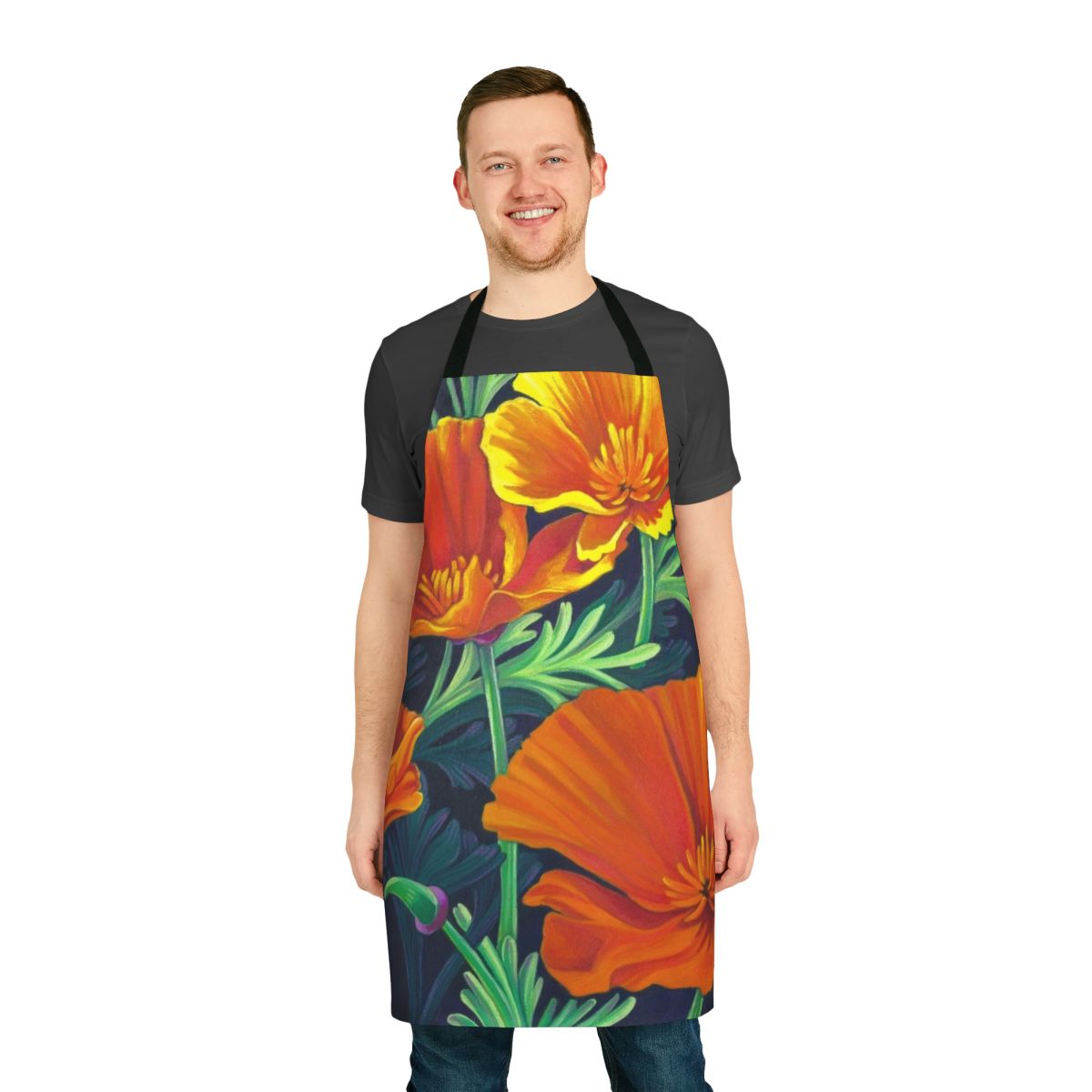 Apron featuring a beautiful pattern of orange California poppies