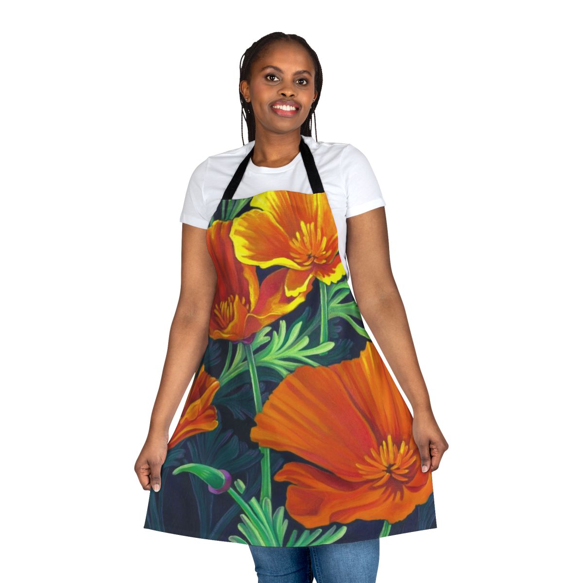 Apron featuring a beautiful pattern of orange California poppies