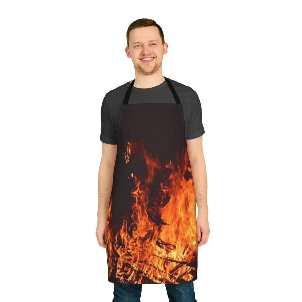 Apron featuring a vibrant design of campfire flames against a dark night sky