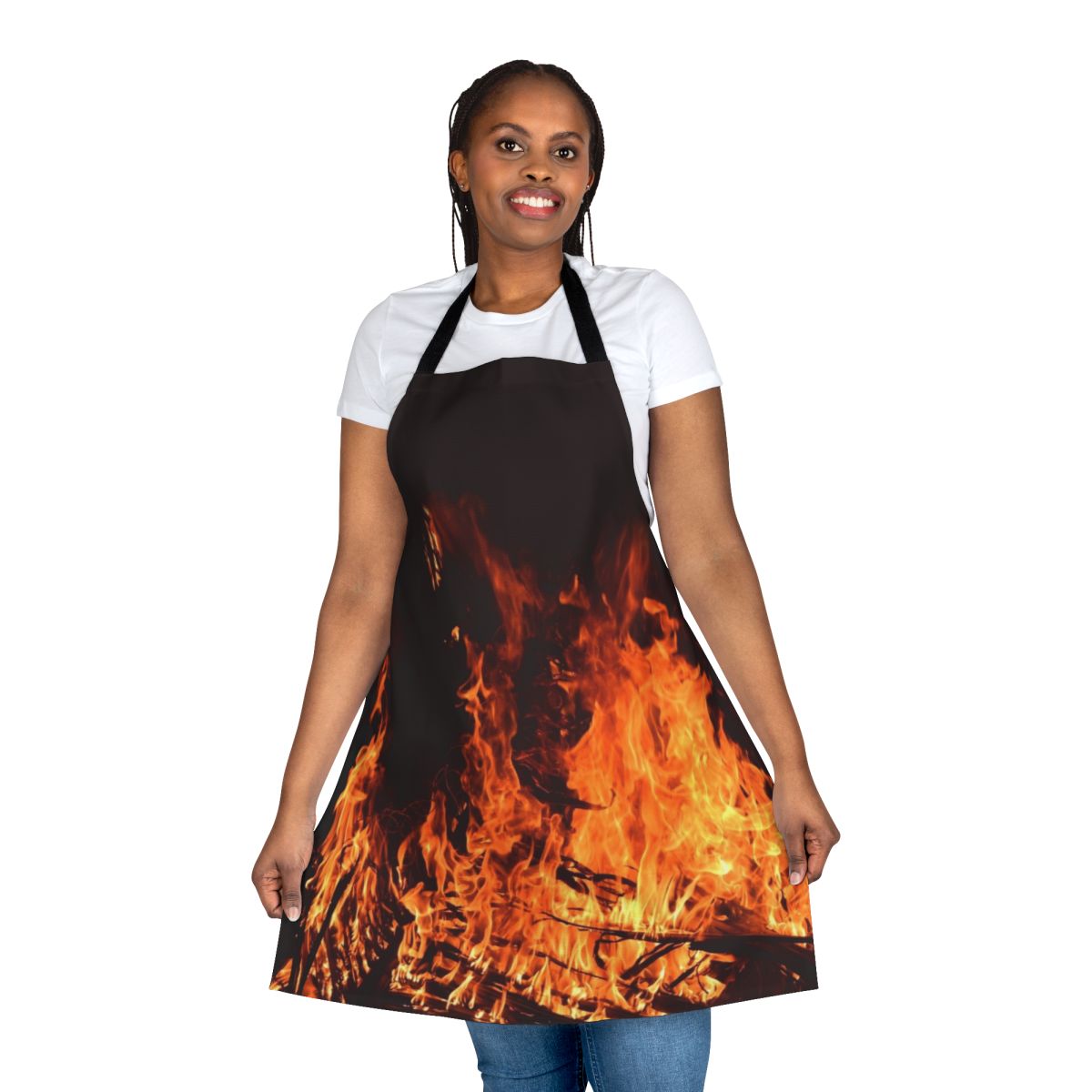 Apron featuring a vibrant design of campfire flames against a dark night sky