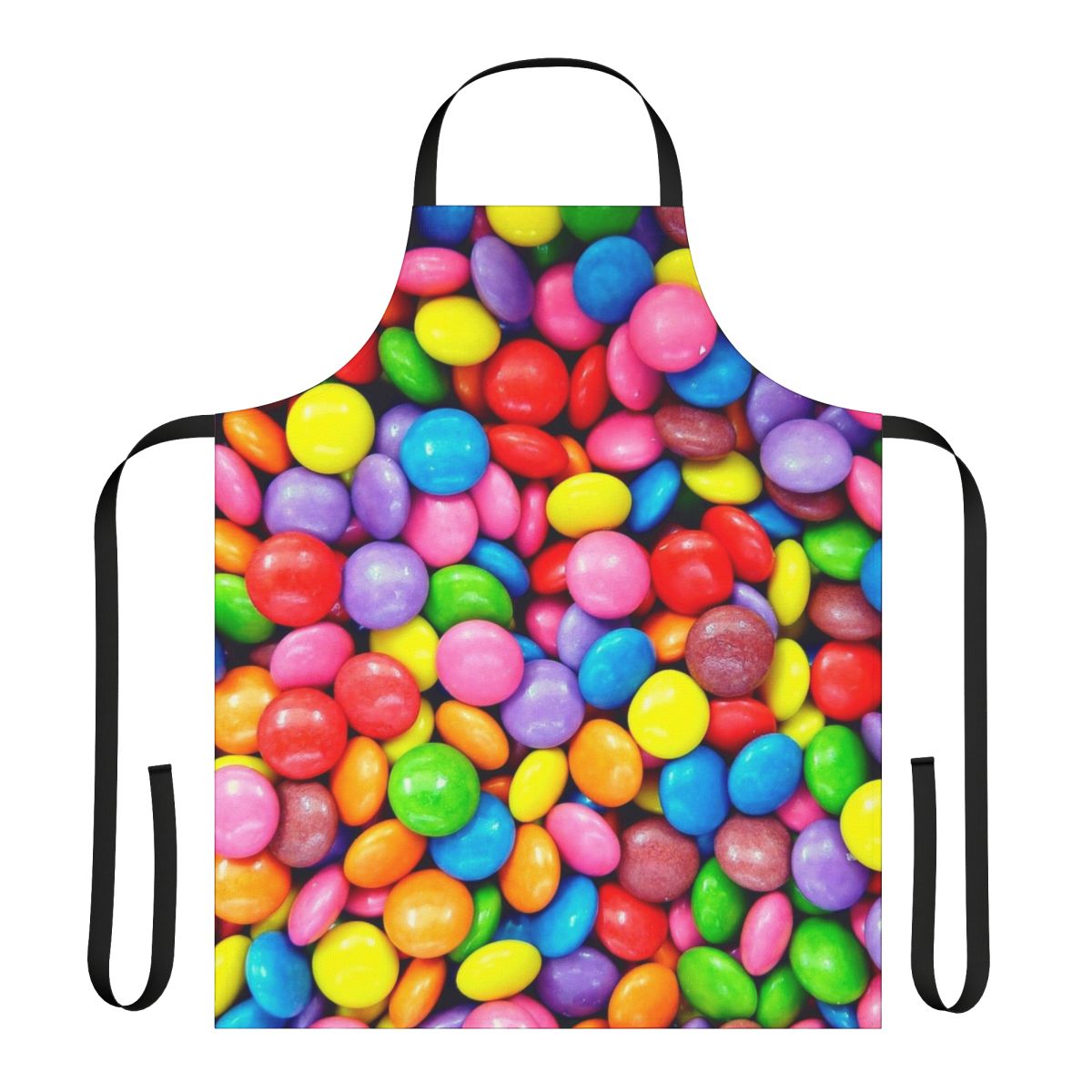 Colorful apron featuring a rainbow design and assorted candy motifs