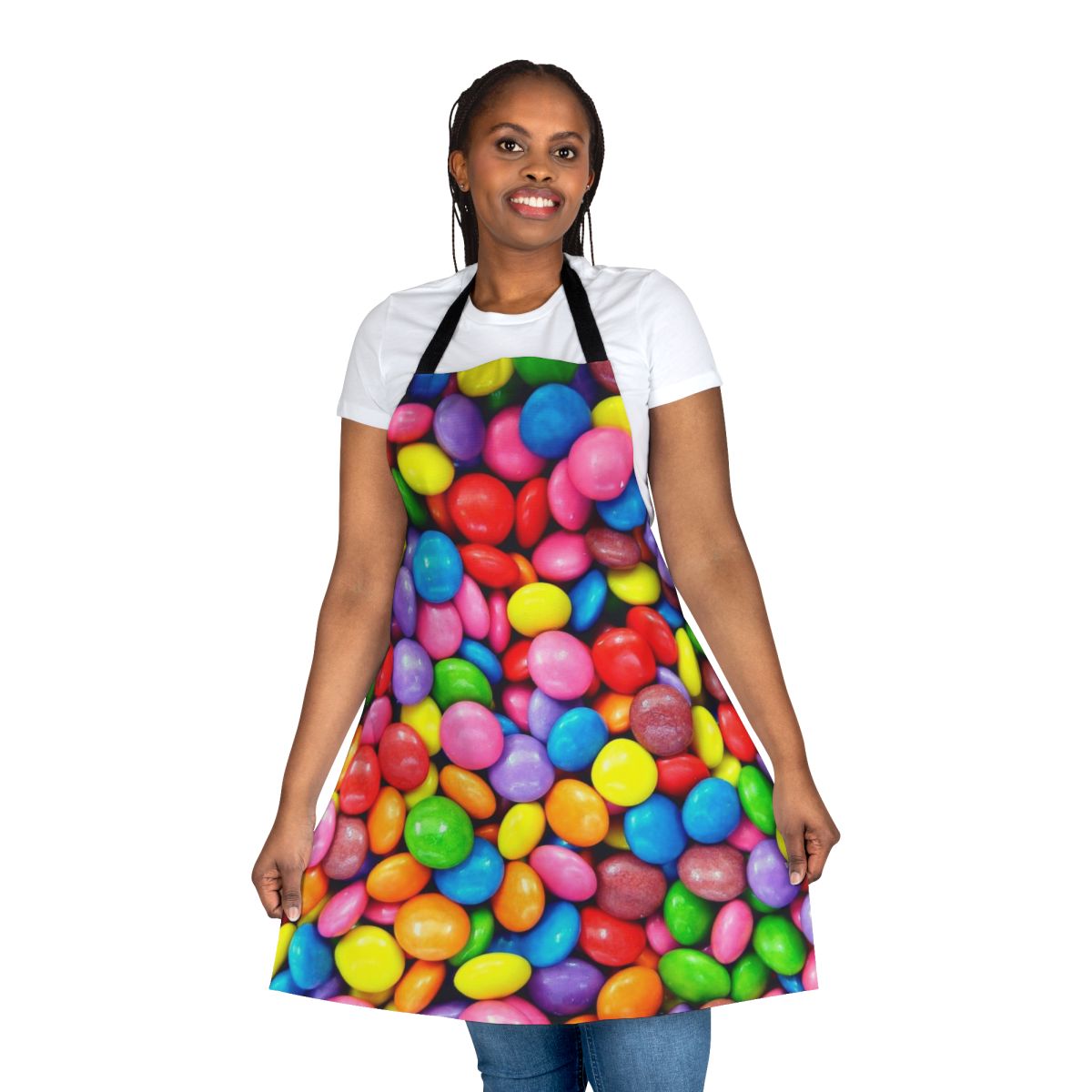 Colorful apron featuring a rainbow design and assorted candy motifs