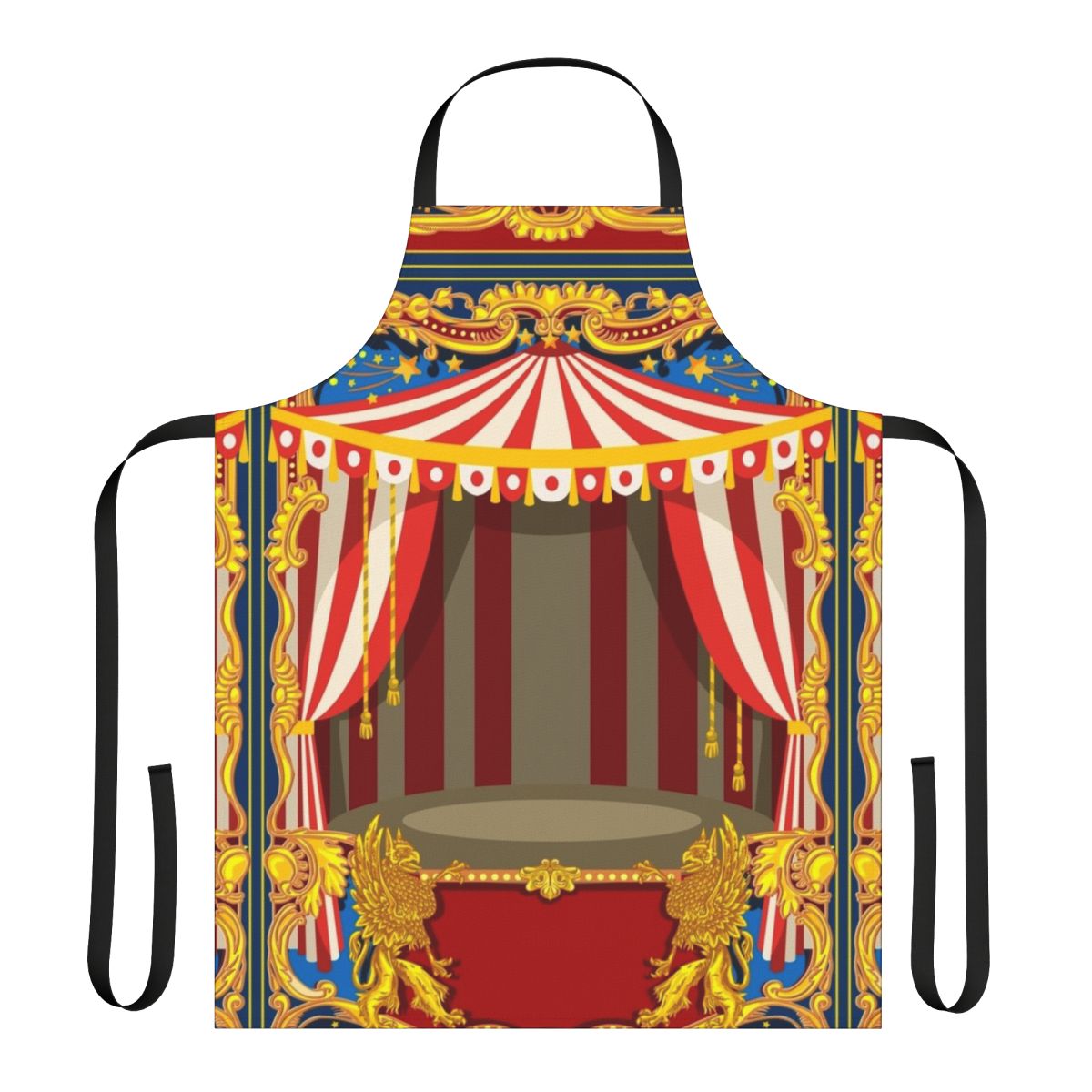 Carnival-themed vintage apron with bold colors and patterns