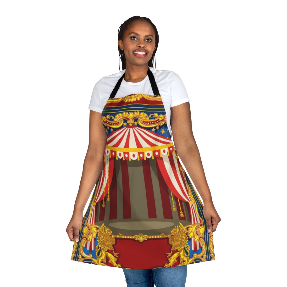 Carnival-themed vintage apron with bold colors and patterns