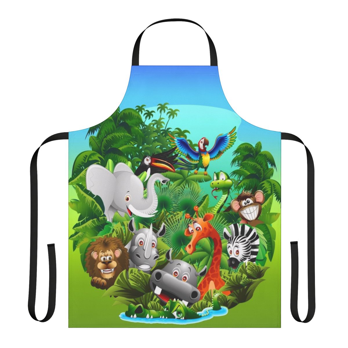 Vibrant apron featuring a colorful cartoon design of wild animals in a lush jungle setting